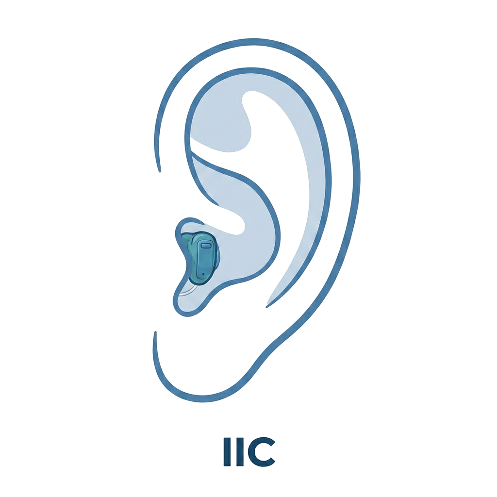 Invisible in Canal (IIC) hearing aid illustration showing placement on the ear