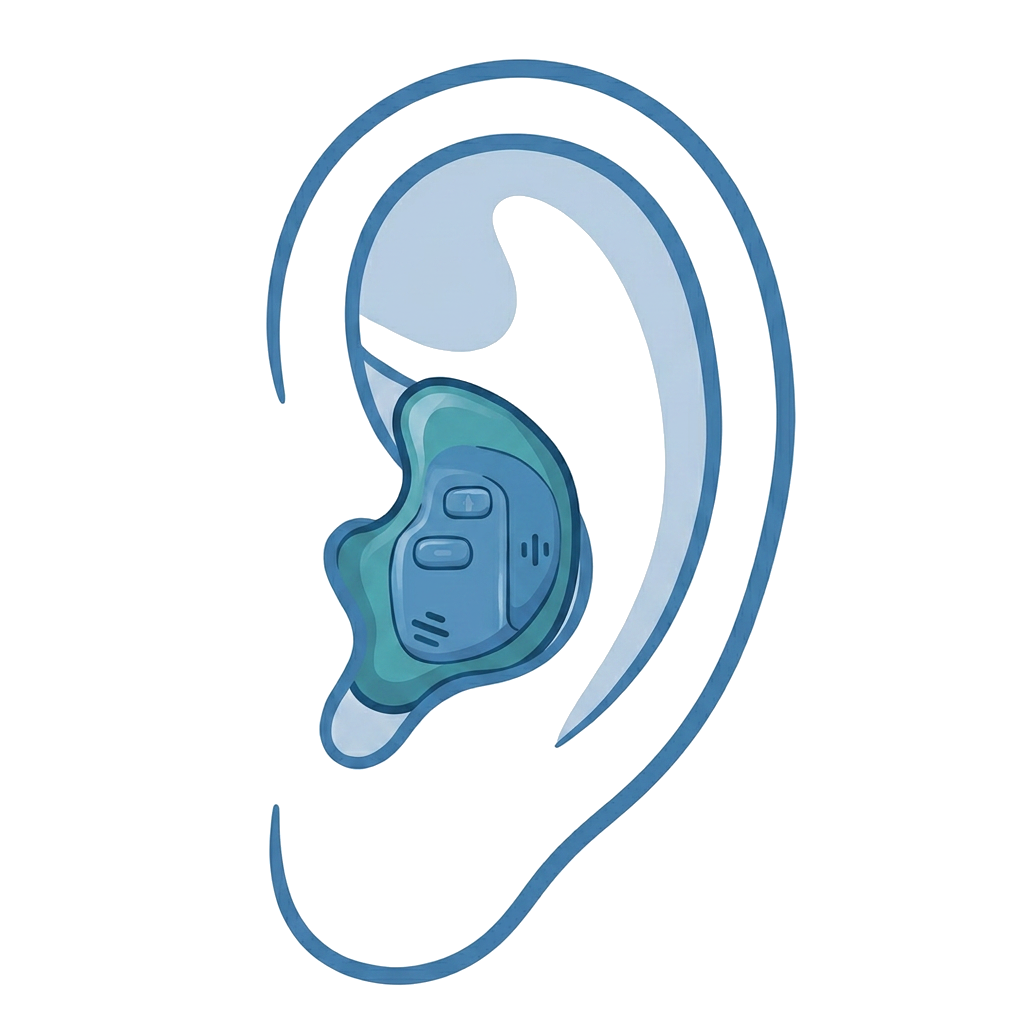 In the Ear (ITE) hearing aid illustration showing placement on the ear